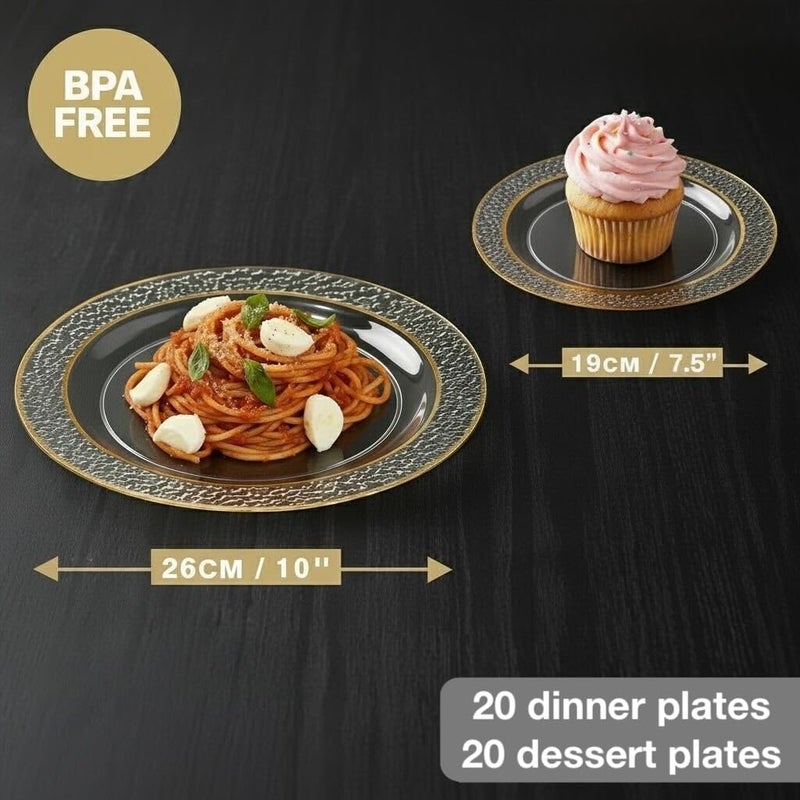 MATANA 40 Pack Clear Gold Plastic Plates â€“ 20 Dinner Plates 10in + 20 Dessert Dinnerware 7.5in â€“ Reusable Plastic Party Plate, Elegant Disposable Plate for Weddings, Events, Birthdays, Catering & More - Image 3